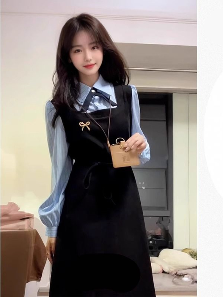 Korean Style A Line Shirt Dress - Şık Siyah, Kolej Tarzı Gömlek Elbise,