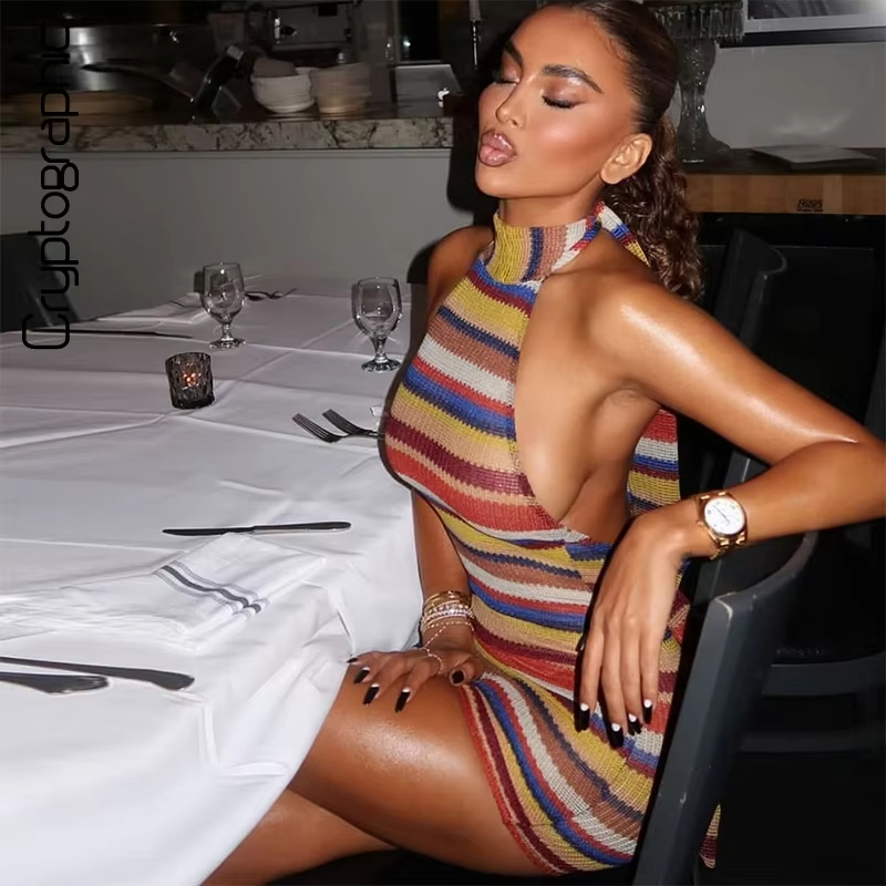 Y2K Backless Halter Mini Dress - Çizgili Örgü Halter Mini Elbise Renkli