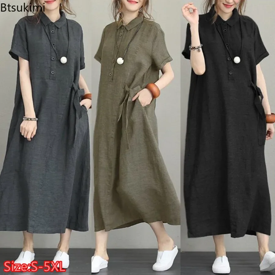 Casual Loose Linen Shirt Dress - 2026 yaz elbisesi basit Vintage pamuk