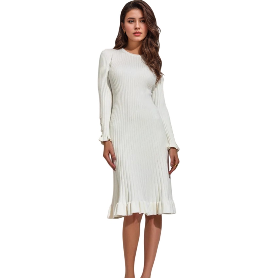 Bodycon Long Sleeve Ribbed Dress - Kadın Fitilli Örgü Uzun Kollu Dar