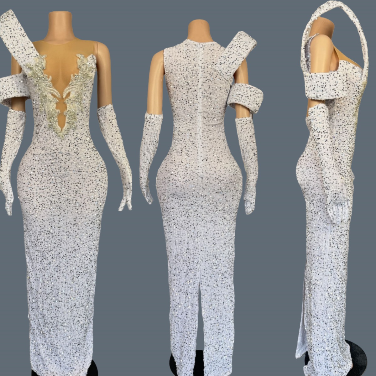 Sparkly Rhinestone Club Party Dress - Işıltılı Taşlı Derin V Yaka Uzun