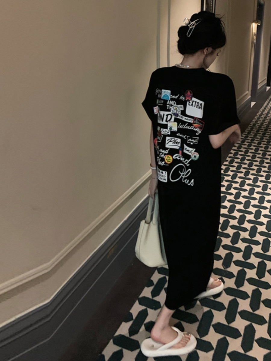 Korean Style A Line Shirt Dress - Siyah Kısa Kollu Tişört Elbise Kadın