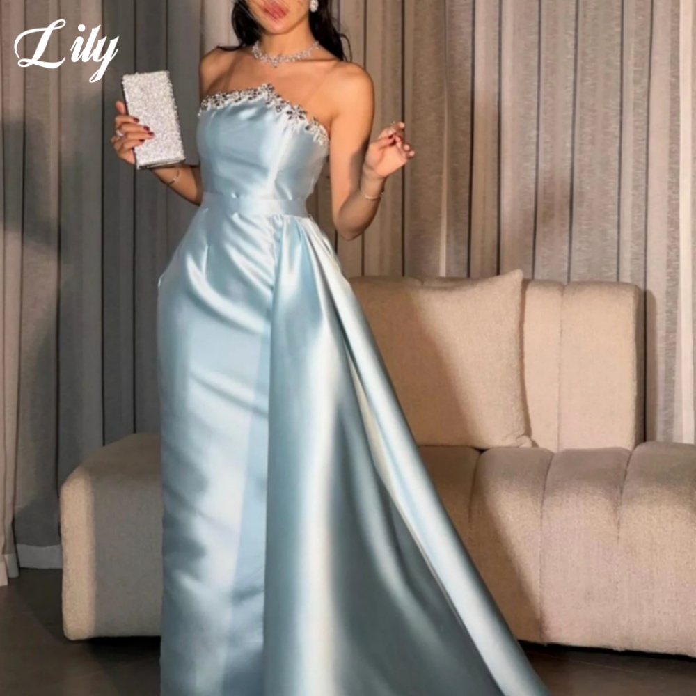Elegant Satin Evening Gown Split - Zambak Mavi Zarif Örgün Önlük Parlak