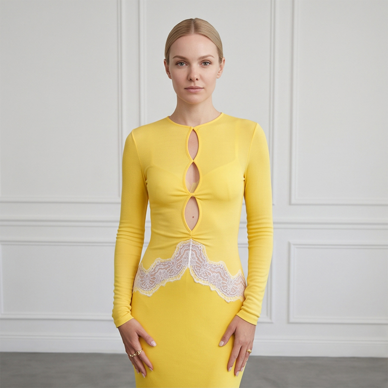 Bodycon Long Sleeve Ribbed Dress - Kadın Sarı Dantel Detaylı Uzun Kollu