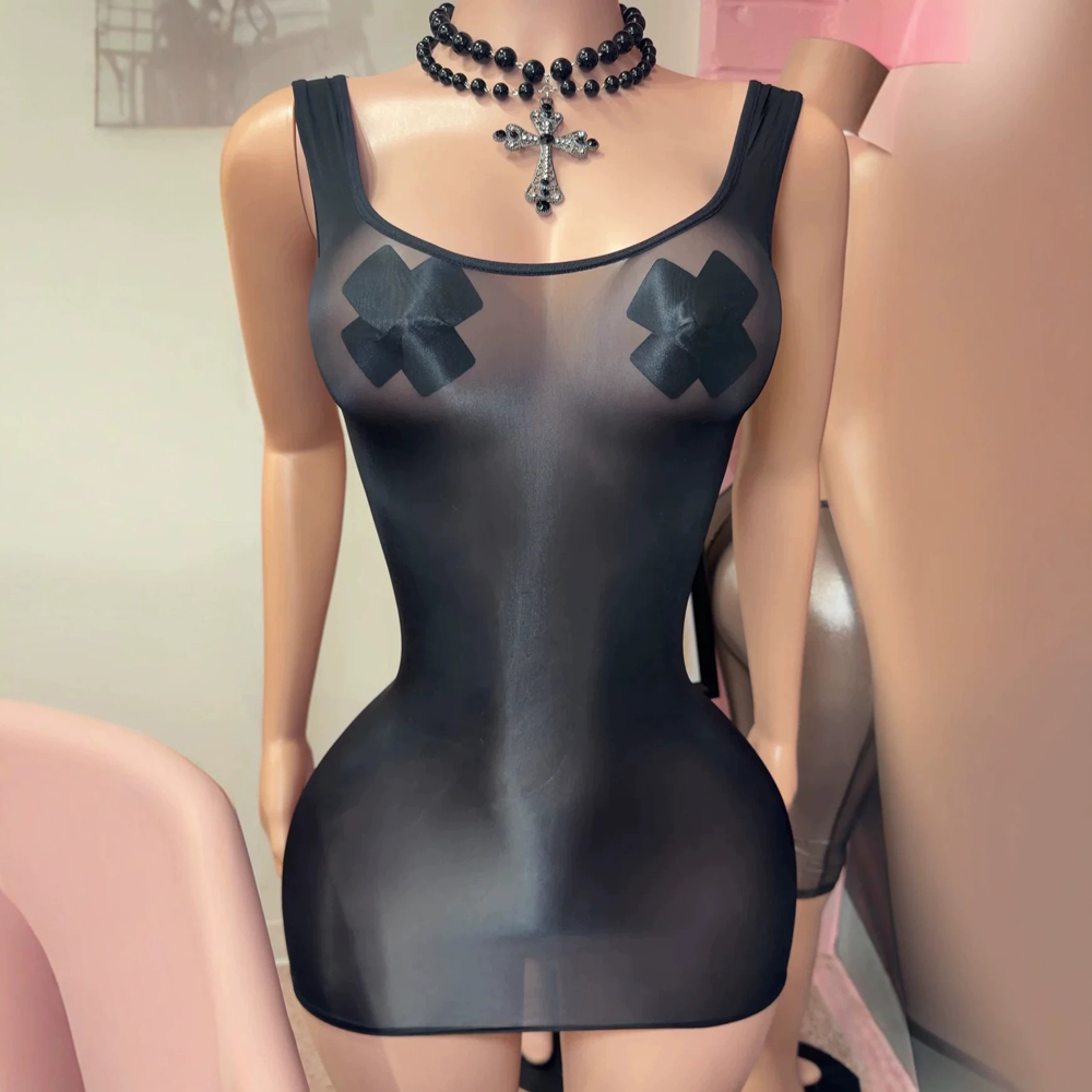 Sexy Mesh Sheer Bodycon Dress - JENYAGE Seksi Parlak Şeffaf Askılı Mini