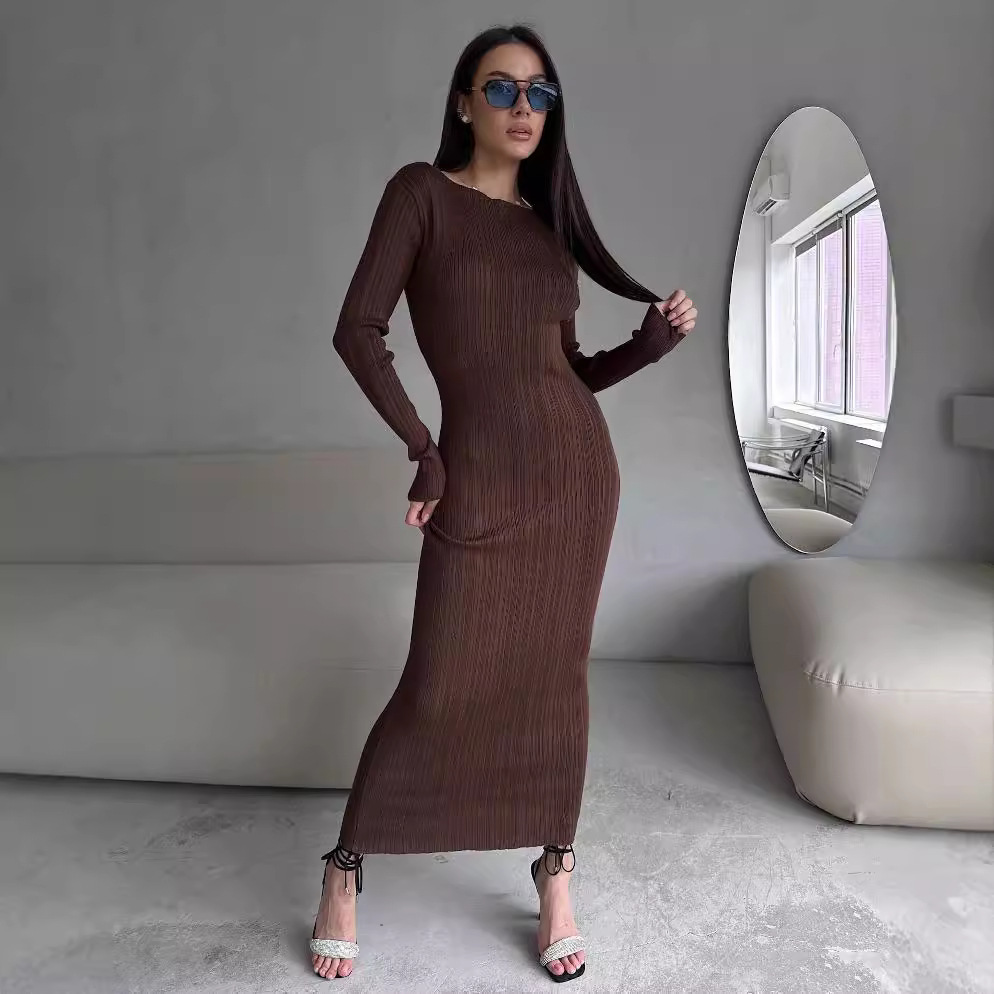 Bodycon Long Sleeve Ribbed Dress - Kadınlar için Zarif Yuvarlak Yaka Beli