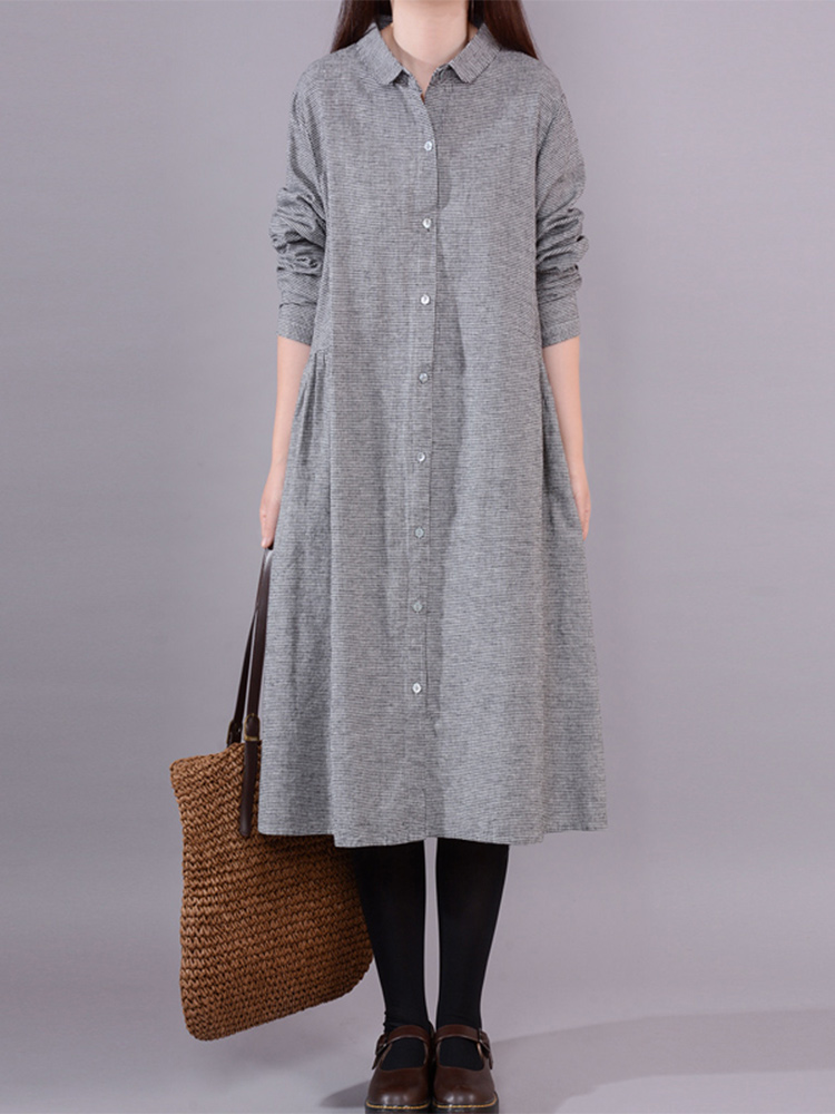 Korean Style A Line Shirt Dress - Kadın Uzun Kollu Pamuklu Keten Ekose