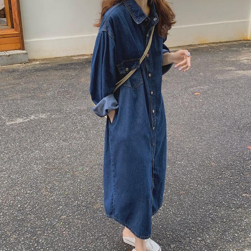 Korean Style A Line Shirt Dress - 2026 Yeni Kadın Denim Gömlek Elbise