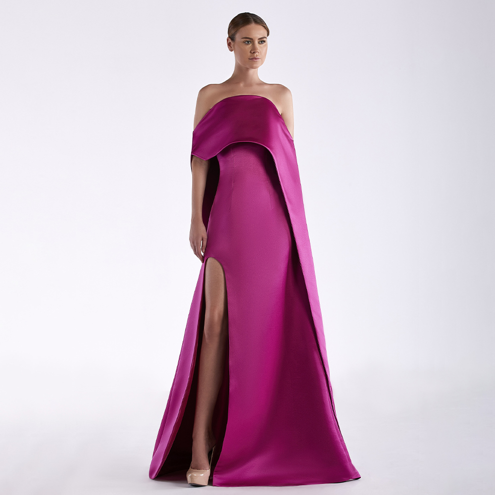 Elegant Satin Evening Gown Split - Fuşya saten abiye askısız yan bölünmüş