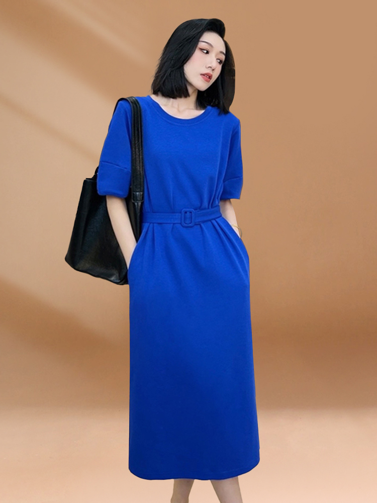 Korean Style A Line Shirt Dress - Klein Mavisi Kadın Yazlık Günlük Uzun