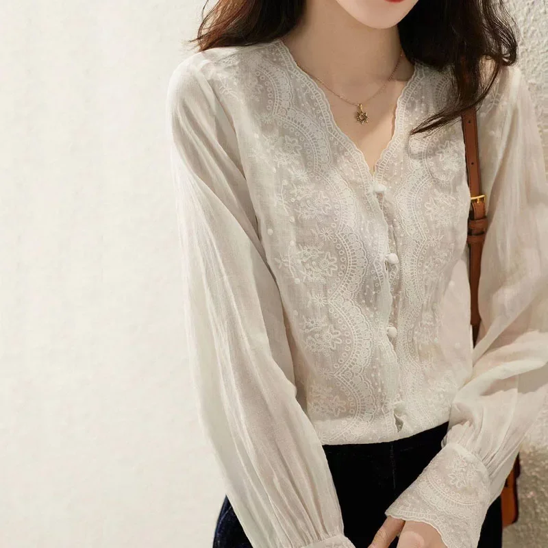 Casual Loose Linen Shirt Dress - GELITAYIN V Yaka Uzun Kollu Keten