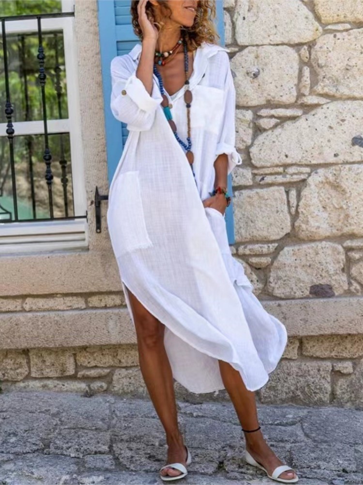 Casual Loose Linen Shirt Dress - Beyaz kadın Gömlek Elbise Düz Renk
