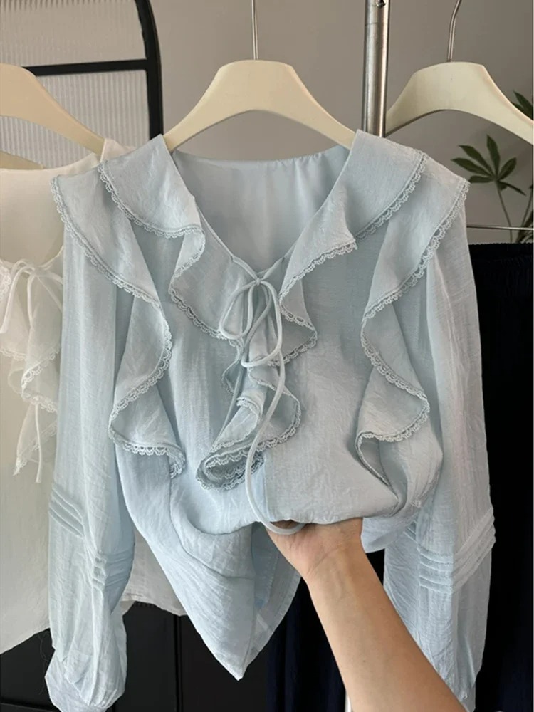 Blouses - Fransız V Yaka Şık Uzun Kollu