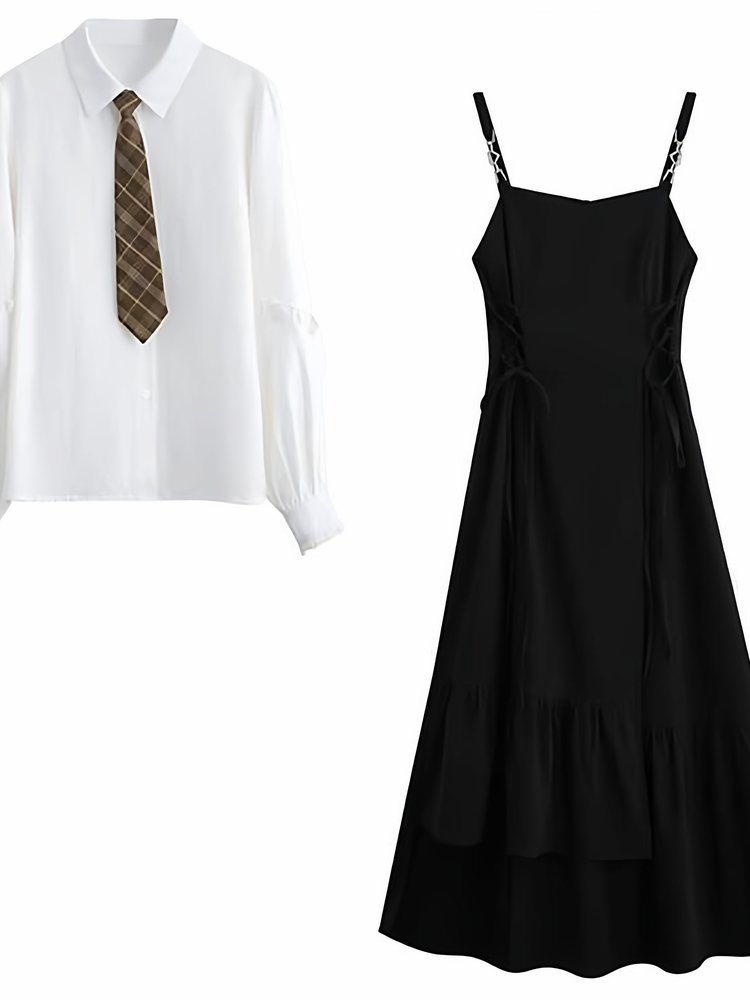Korean Style A Line Shirt Dress - Kore Kolej Tarzı Jk Üniforma Takımı,