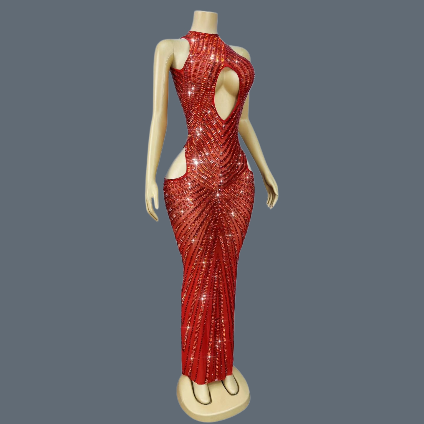 Sparkly Rhinestone Club Party Dress - Lüks Kırmızı Taşlı Oyuklu Denizkızı Elbisesi