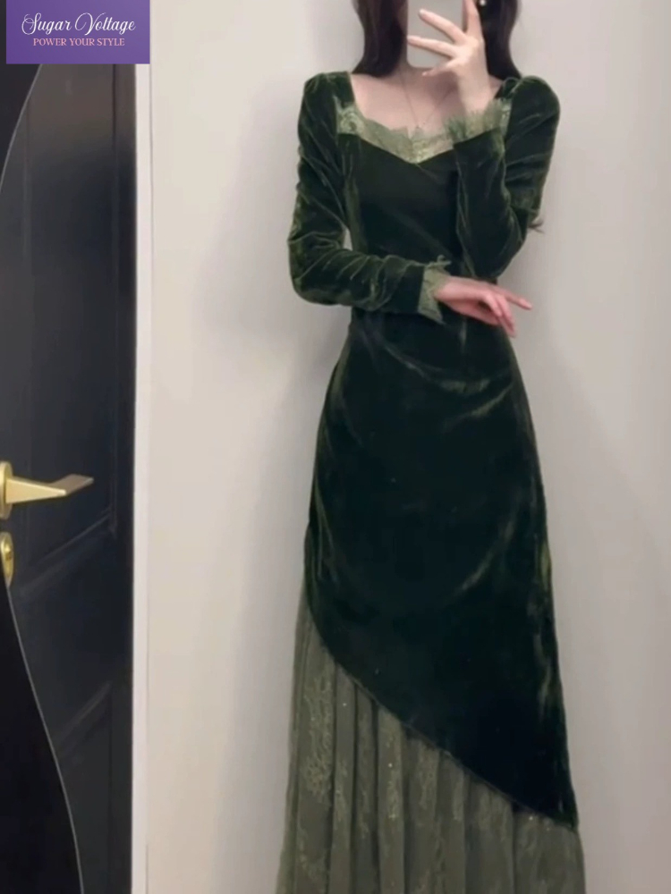 French Vintage Floral Midi Dress - Fransız Vintage Zarif Kadife Elbise Kadınlar
