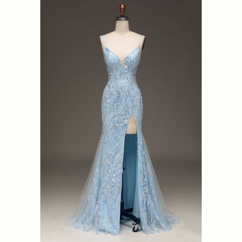 Zarif Açık Mavi Saten Kadın Ak - Elegant Satin Evening Gown Split incelemesi ve fiyatı