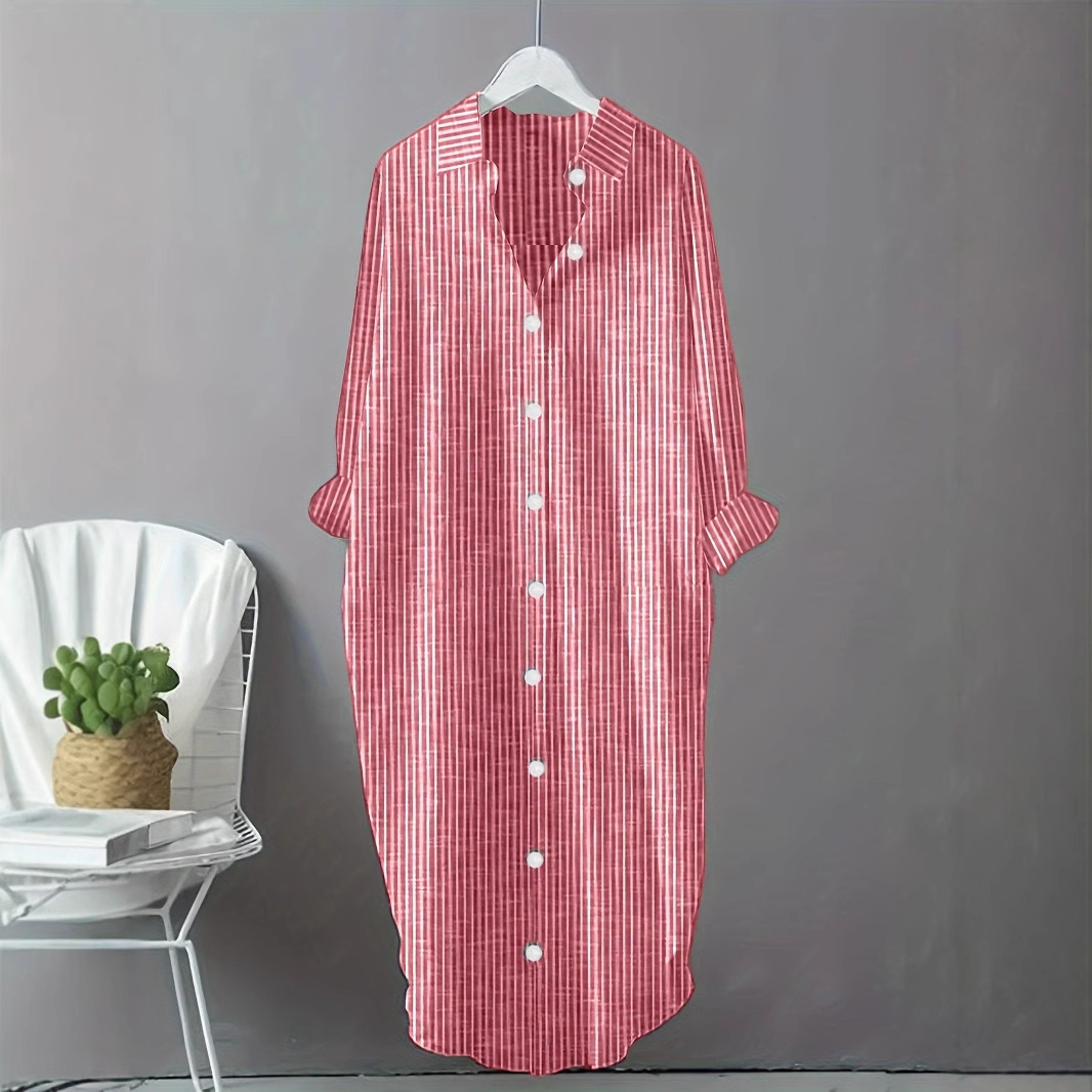 Vintage Pamuklu Keten Çizgili  - Casual Loose Linen Shirt Dress incelemesi ve fiyatı