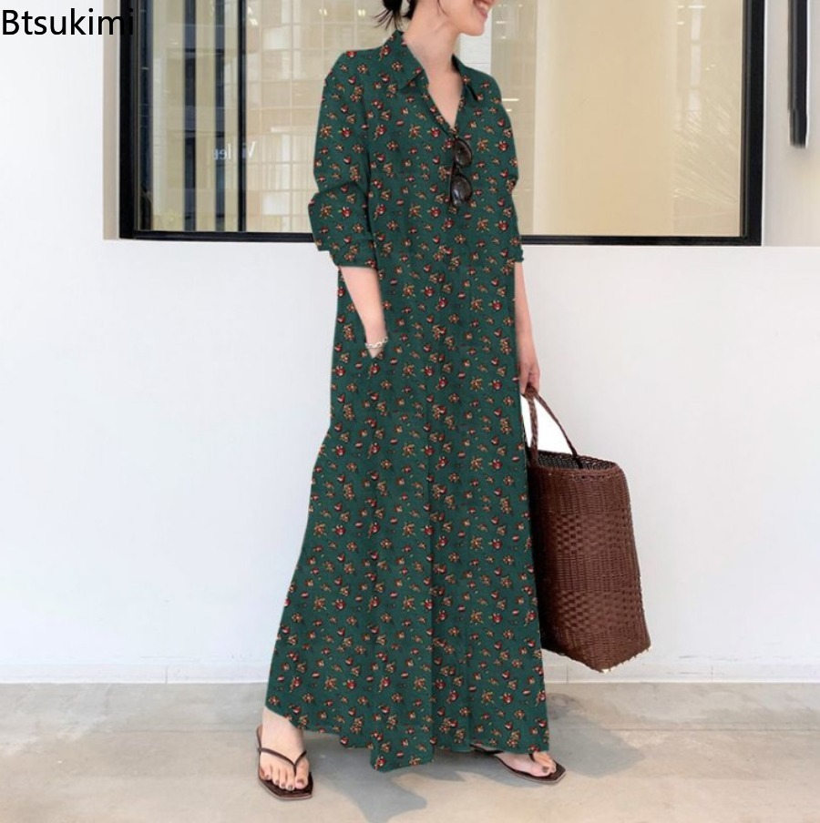 Yeni Kadın Baskılı Uzun Stil G - Casual Loose Linen Shirt Dress incelemesi ve fiyatı