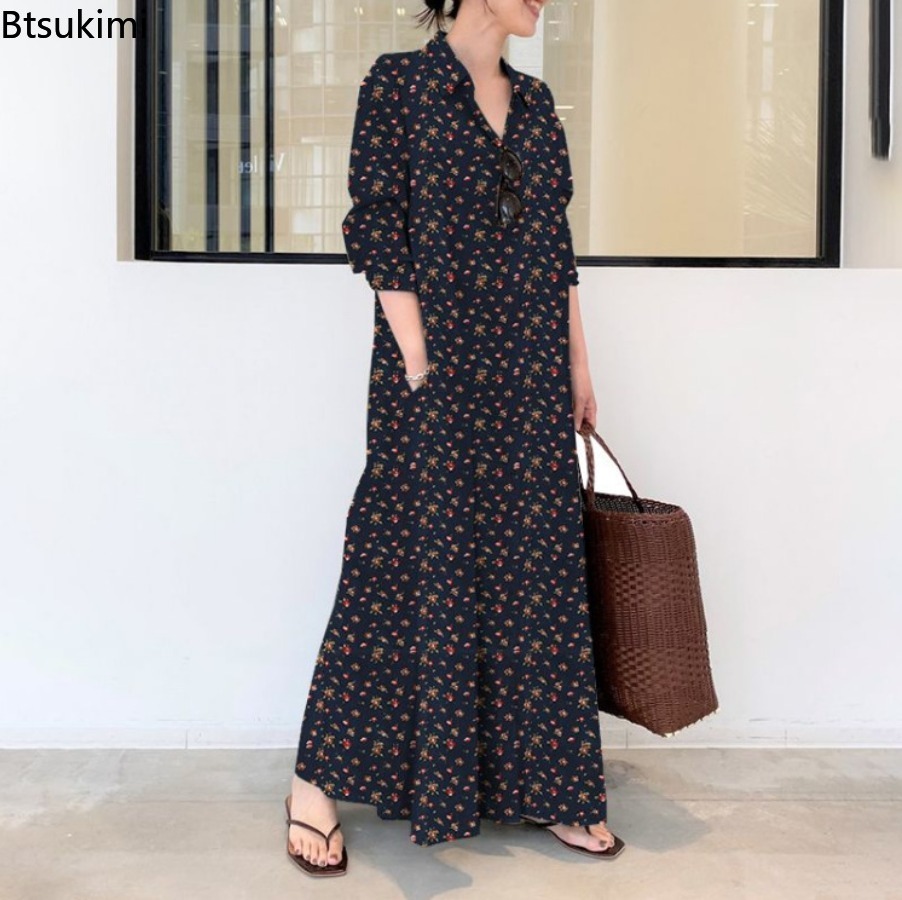 Yeni Kadın Baskılı Uzun Stil G - Casual Loose Linen Shirt Dress incelemesi ve fiyatı