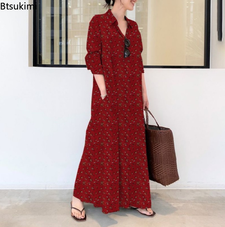 Yeni Kadın Baskılı Uzun Stil G - Casual Loose Linen Shirt Dress incelemesi ve fiyatı