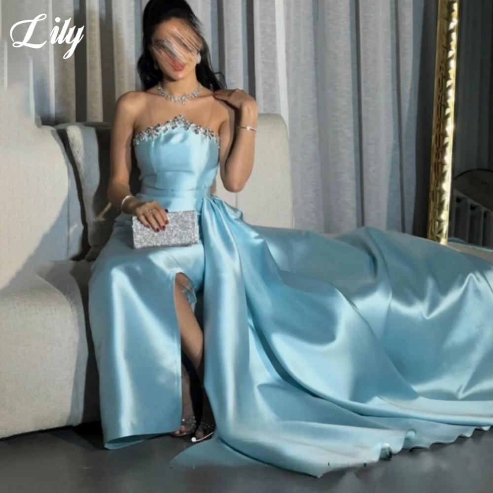 Zambak Mavi Zarif Örgün Önlük  - Elegant Satin Evening Gown Split incelemesi ve fiyatı