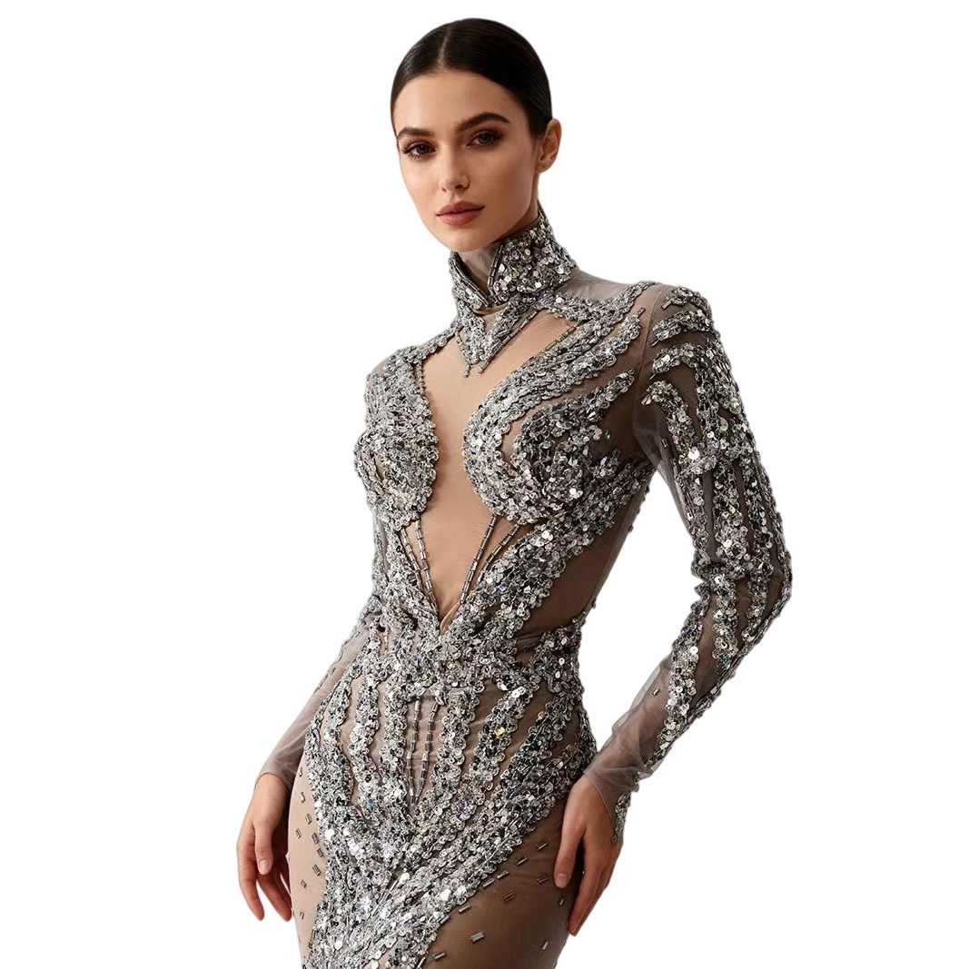 Gümüş Simli Pullu Şeffaf Dar K - Sparkly Rhinestone Club Party Dress incelemesi ve fiyatı