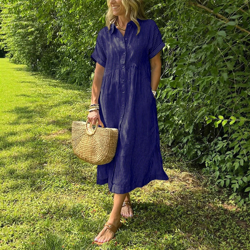 Kadın Çizgili Gömlek Elbise Ya - Casual Loose Linen Shirt Dress incelemesi ve fiyatı