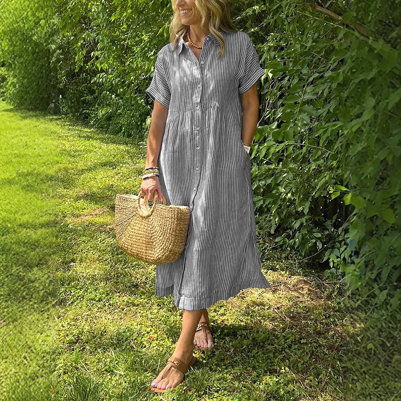 Kadın Çizgili Gömlek Elbise Ya - Casual Loose Linen Shirt Dress incelemesi ve fiyatı