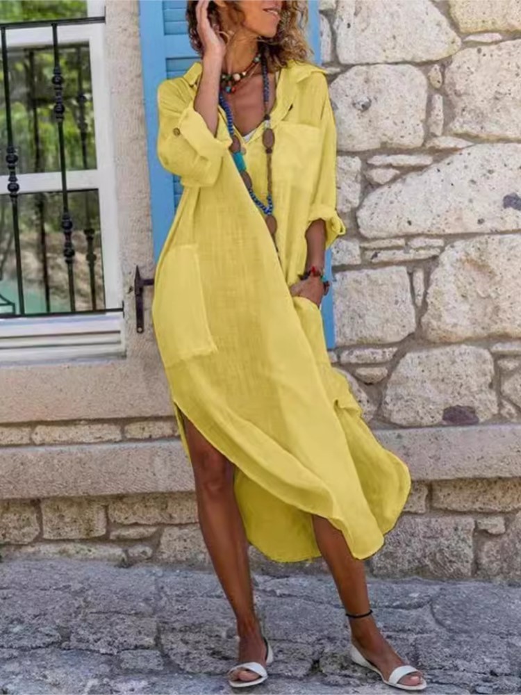 Beyaz kadın Gömlek Elbise Düz  - Casual Loose Linen Shirt Dress incelemesi ve fiyatı
